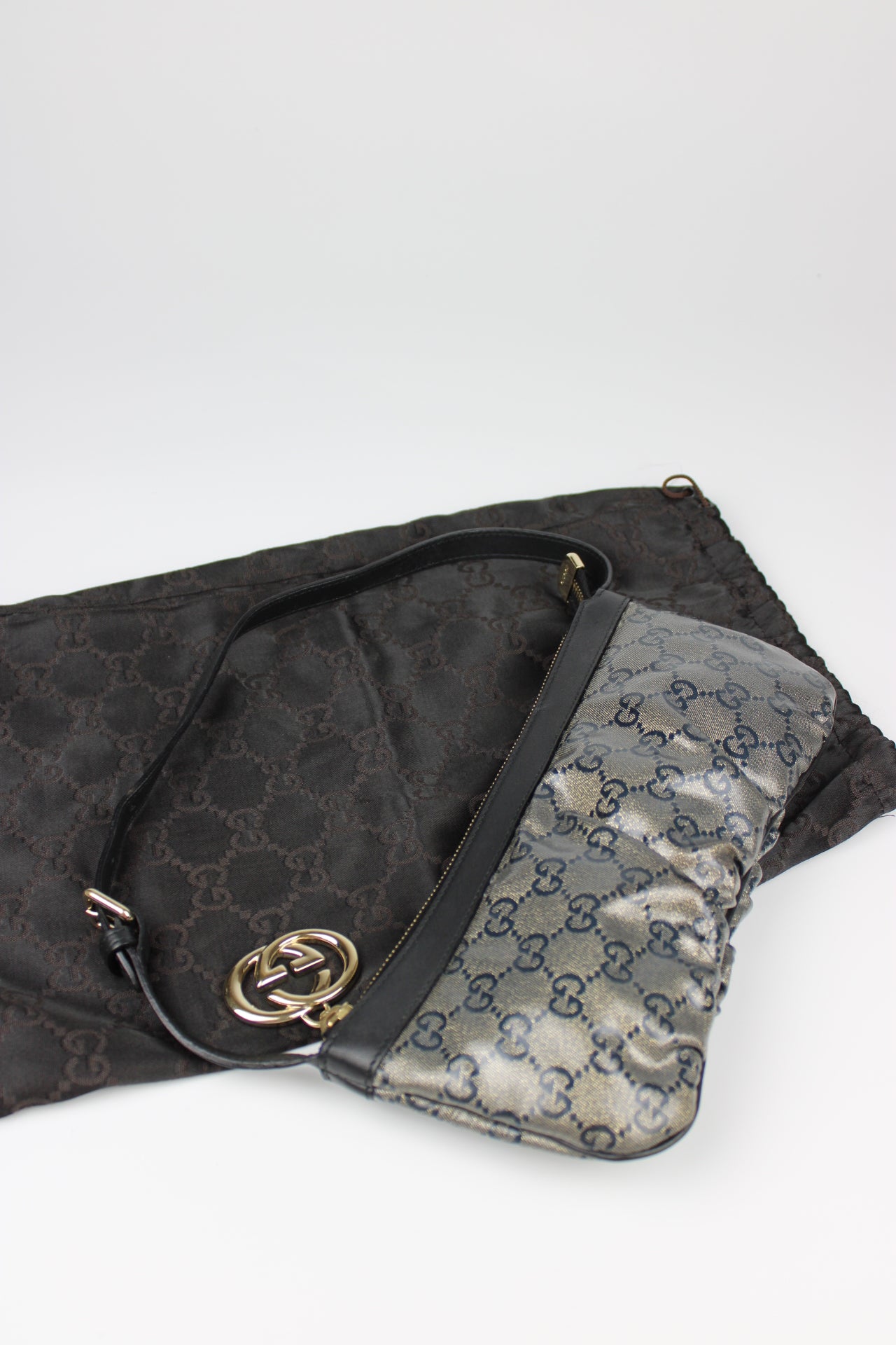 Gucci Monogram Charm Patent Pochette Bag
