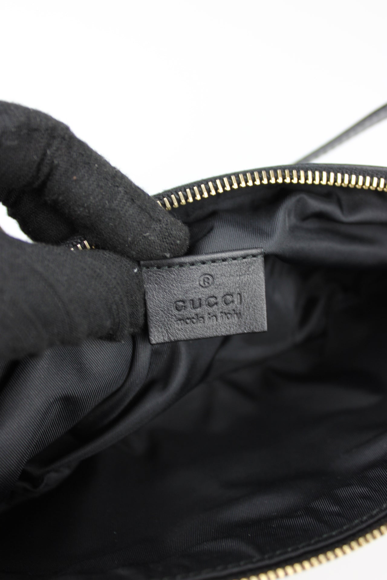 Gucci Monogram Charm Patent Pochette Bag