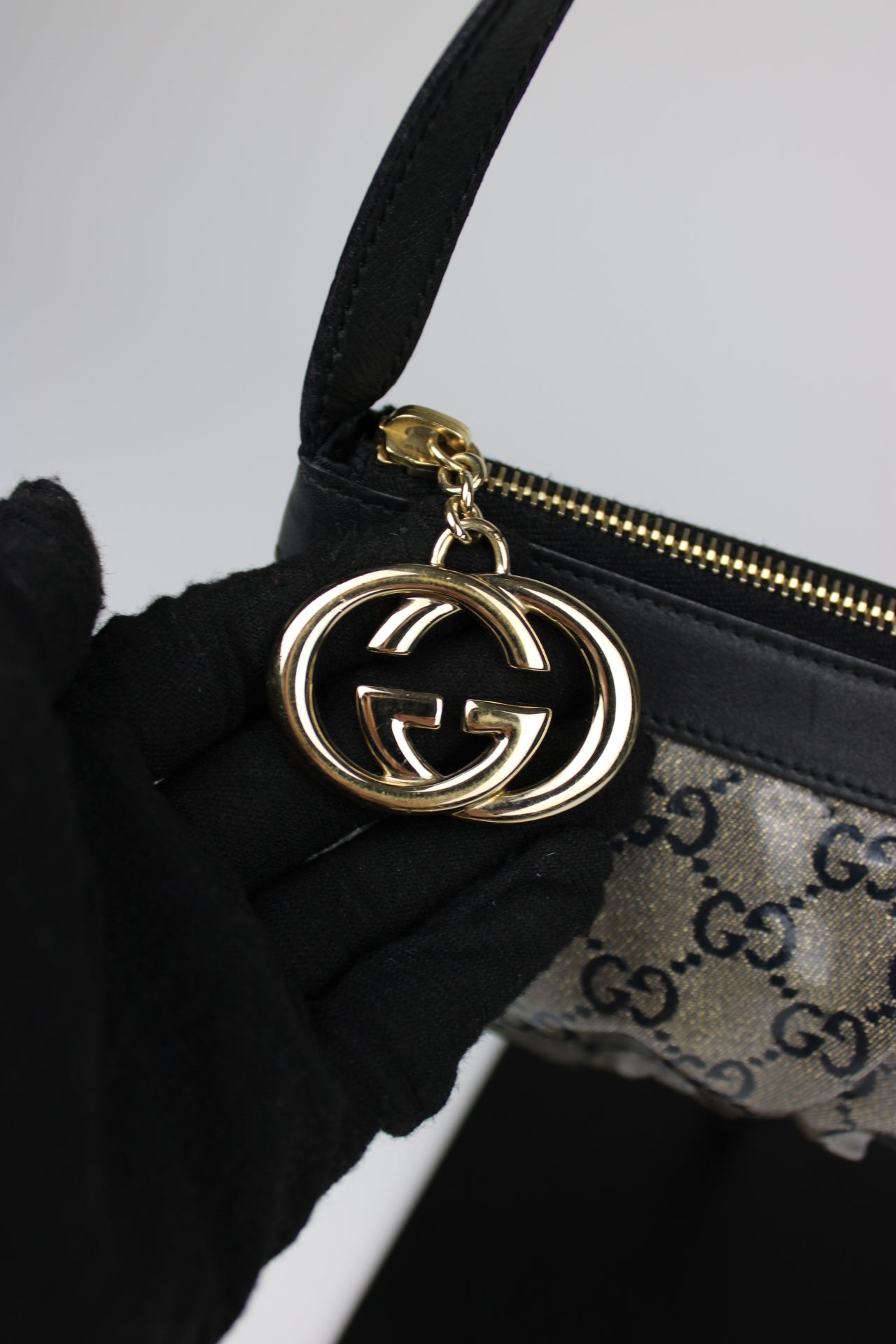Gucci Monogram Charm Patent Pochette Bag