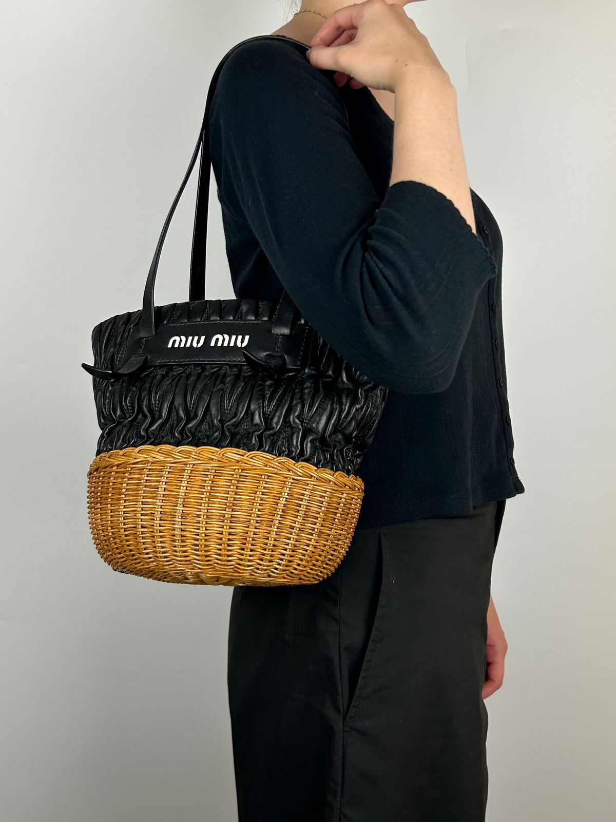 Pre-owned Miu Miu Matelasse Leather and Wicker Bucket Bag