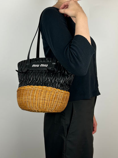 Pre-owned Miu Miu Matelasse Leather and Wicker Bucket Bag
