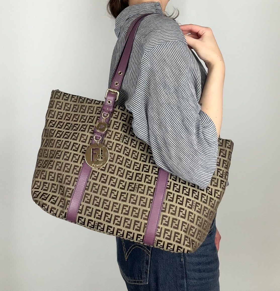 Pre-owned Fendi Zucchino Charm Tote Bag