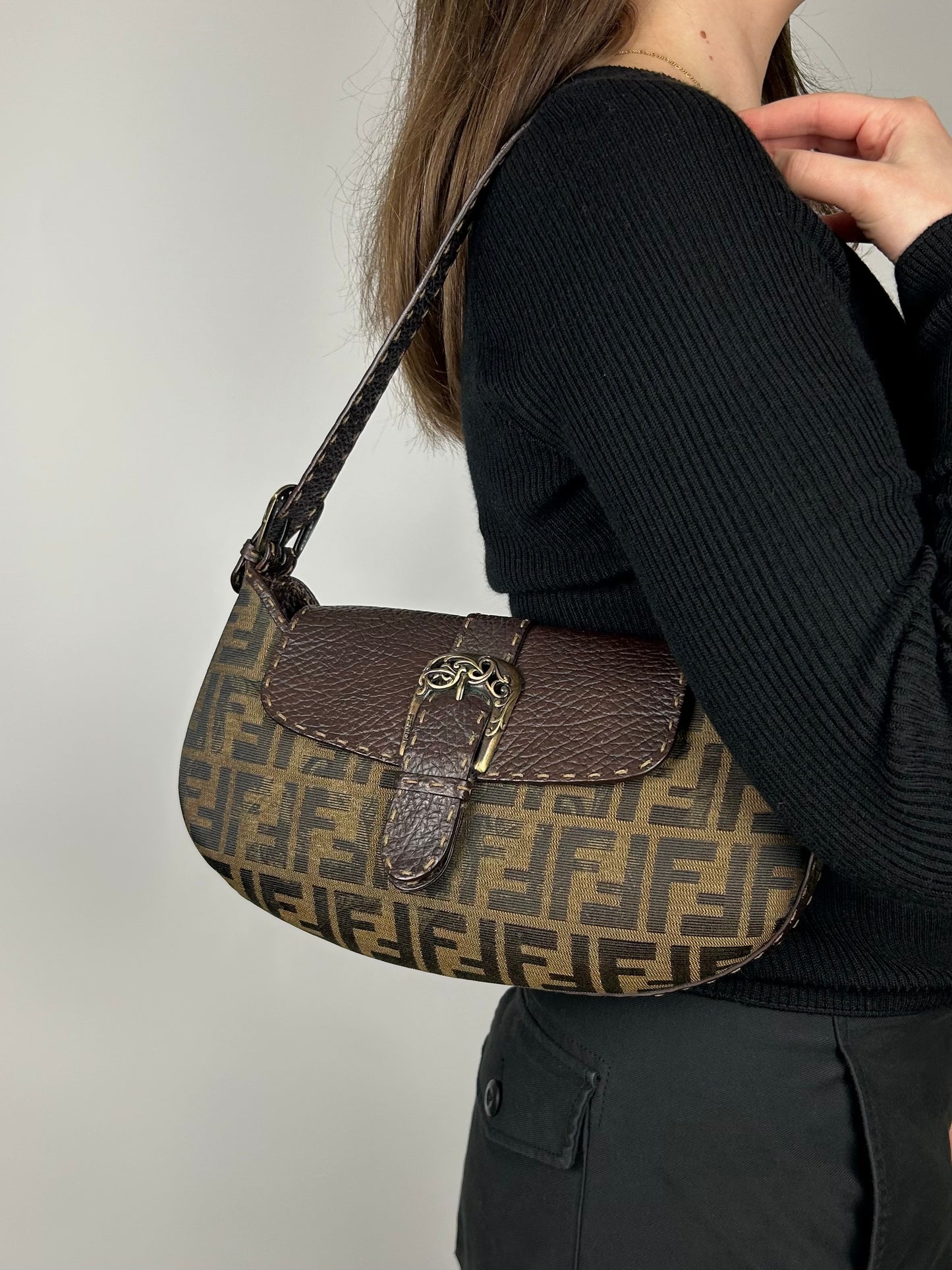 Fendi Zucca Tobacco Stondata Shoulder Bag 2007 (With Receipt)