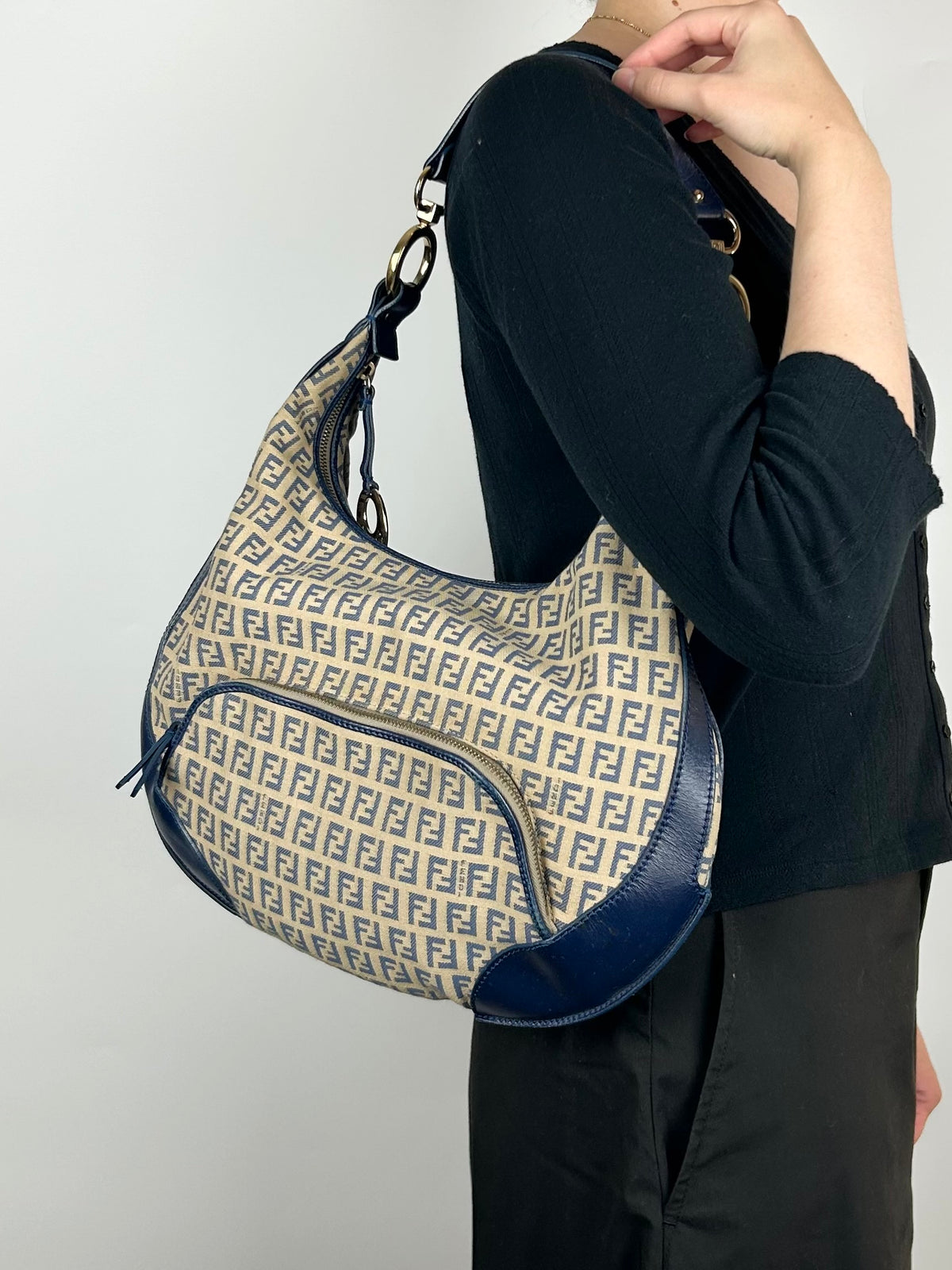 Pre-owned Fendi Zucchino Blue Hobo Shoulder Bag