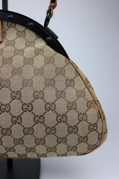 Gucci Monogram Pagoda Frame Bamboo Top Handle Bag