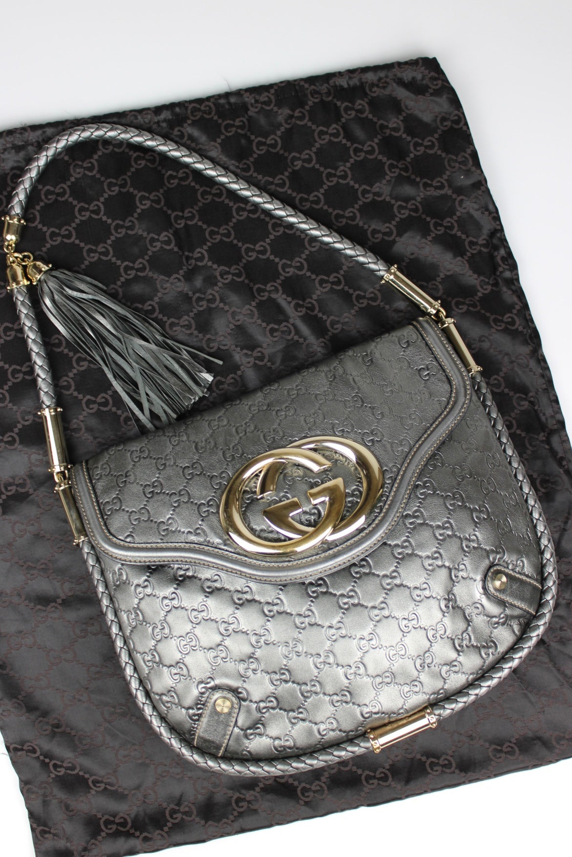 Gucci Guccissima Metallic Silver Leather Britt Hobo Bag