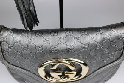 Gucci Guccissima Metallic Silver Leather Britt Hobo Bag