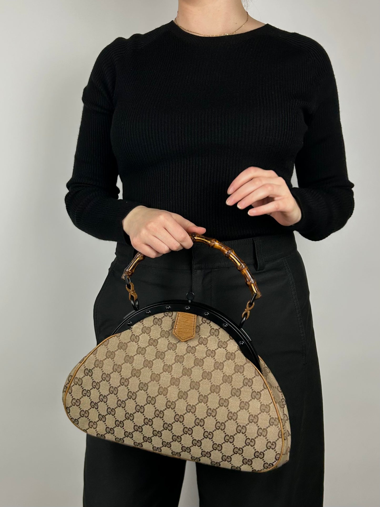 Gucci Monogram Pagoda Frame Bamboo Top Handle Bag
