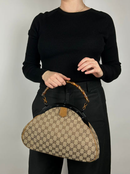 Gucci Monogram Pagoda Frame Bamboo Top Handle Bag