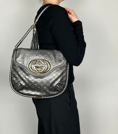 Gucci Guccissima Metallic Silver Leather Britt Hobo Bag