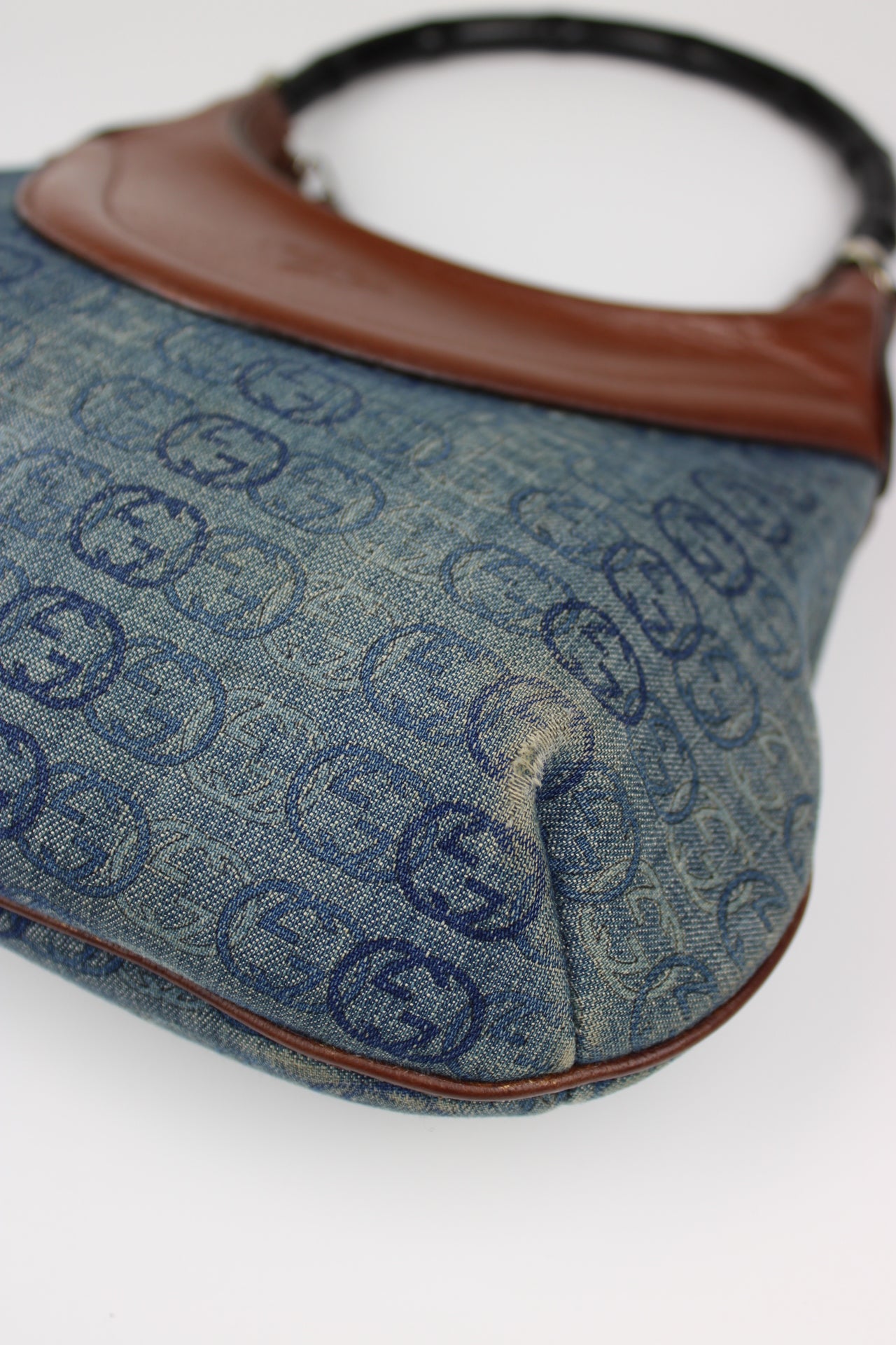 Gucci Monogram Denim Bamboo Bag (Restored)