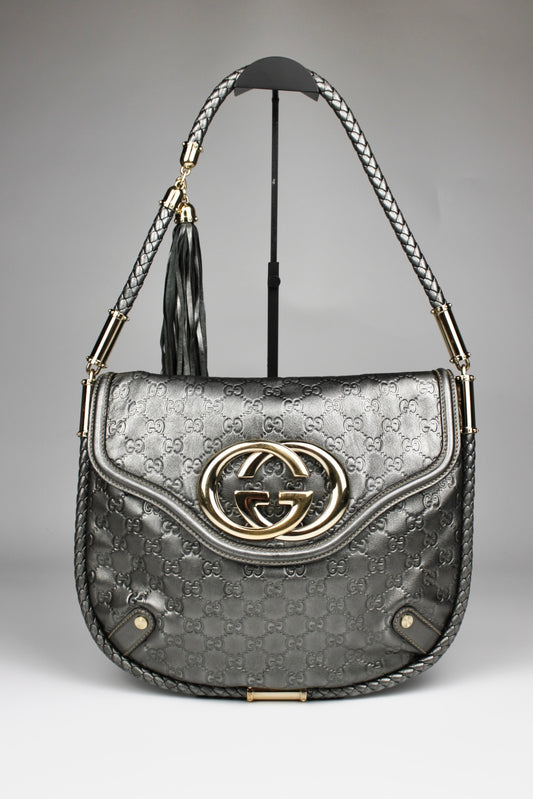 Gucci Guccissima Metallic Silver Leather Britt Hobo Bag