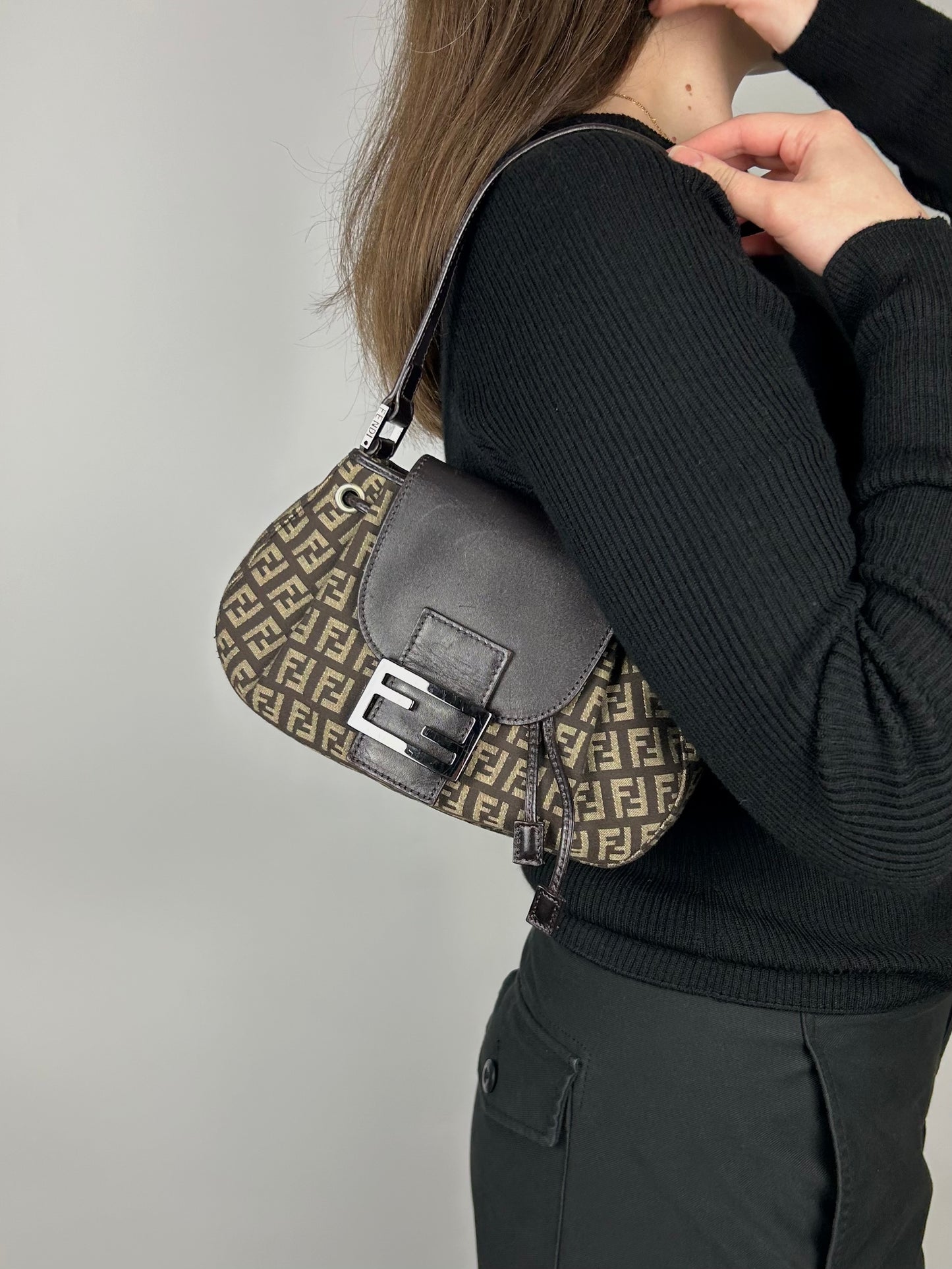 Fendi Zucchino Drawstring Baguette Bag