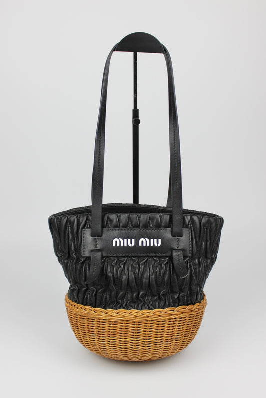 Pre-owned Miu Miu Matelasse Leather and Wicker Bucket Bag
