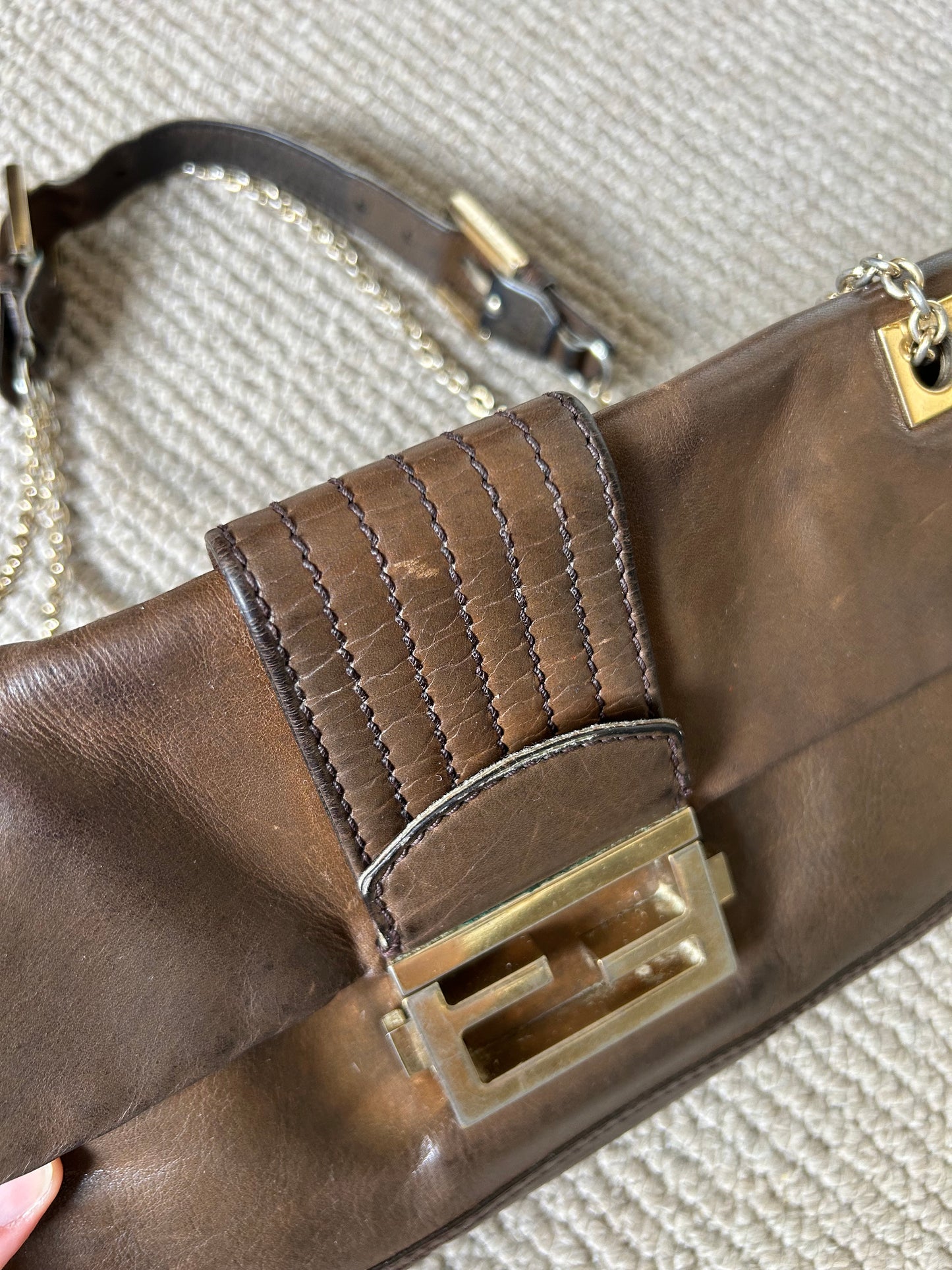 Fendi Leather 2-Way Chain Strap Baguette Bag