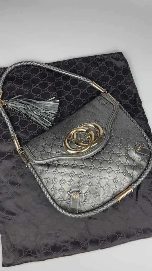 Gucci Guccissima Metallic Silver Leather Britt Hobo Bag