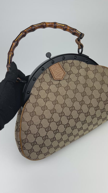 Gucci Monogram Pagoda Frame Bamboo Top Handle Bag