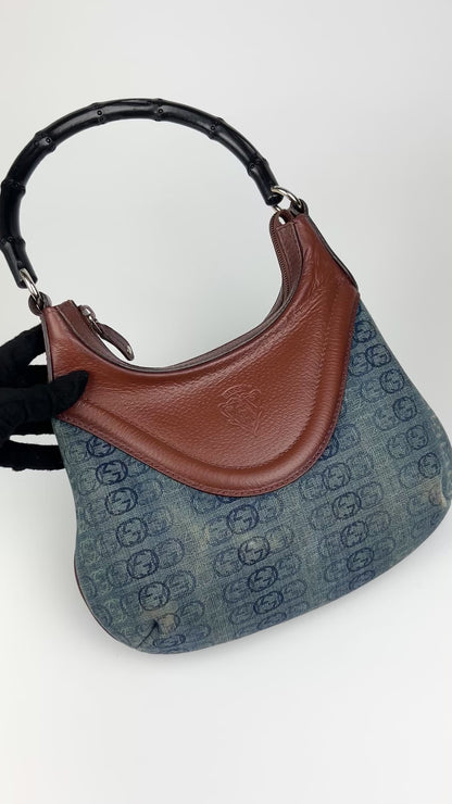 Gucci Monogram Denim Bamboo Bag (Restored)